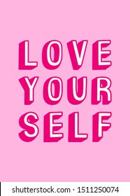Cartoon comic style phrase, lettering quote "Love yourself". Text isolated on pink background. Vector illustration.