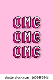 Cartoon comic style poster with text "OMG" ("Oh My God"). Pink background. Vector illustration.