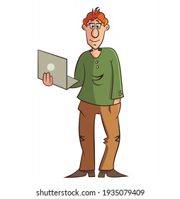 Cartoon, comic style redhead young man holding, using laptop, notebook for freelance work. Vector illustration clip art isolated on white. Brown, green and orange colors.