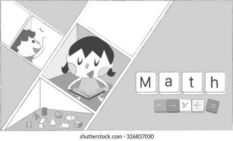Cartoon comic style sketching and drawing .Charcoal pencil brush stroke effect outline. Black and white education film strip sideshow of children studying, reading books, sharing ideas and knowledge.