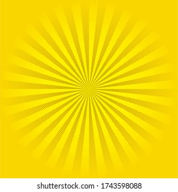 Cartoon Comic Style Square Background Based Shining Rays Circle over Halftone Pattern - Yellow on Similar Backdrop - Vector Pop Art Graphic Design