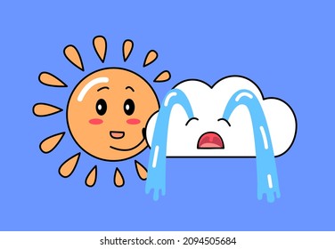 Cartoon comic sun and crying cloud funny cartoon illustration