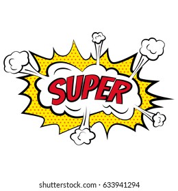 Cartoon comic super bubbles labels with text and elements with shadows, retro vector pop art illustration, halftone dot vintage effect background.