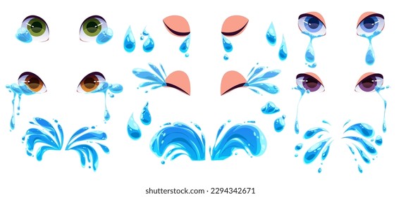 Cartoon comic tear splash and eye vector icon set. Cry water stream illustration isolated on white background. Despair expression with liquid weeping drawing collection. Grief or pain emoticon concept