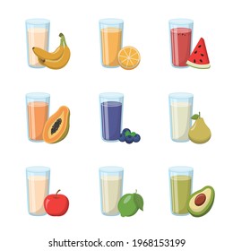 Cartoon comic vector set of 9 fruit juices and glasses