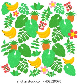 Cartoon Comic Vector Tropical Jungle Fruits and Leaves Vector Objects Pattern Illustration Isolated on White Background
