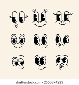 Conjunto de emociones de Vector de Antiguas Groovy Face de cómic de dibujos animados que muestra expresiones animadas como alegría, sonrisa, picotazo, beso. Estilo funky retro sentimientos de carácter peculiares, emoticonos de carácter monocromo
