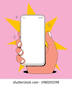 Cartoon comic vintage styled smartphone screen mockup with hand holding phone with blank white display on pink background. Vector illustration