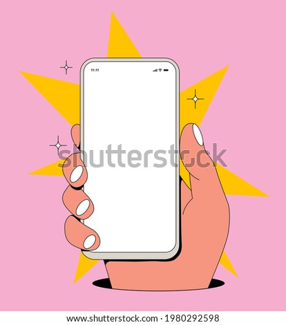 Cartoon comic vintage styled smartphone screen mockup with hand holding phone with blank white display on pink background. Vector illustration