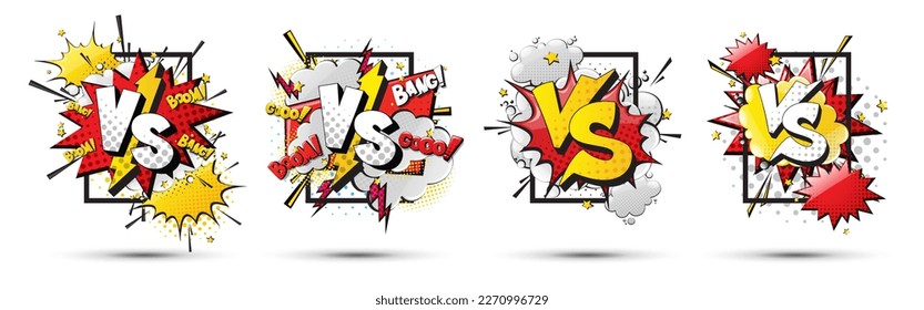 Cartoon comic vs frame for text background Fight versus, сomics book colorful retro Pop Art style. set frame design poster with halftone elements Vector illustration