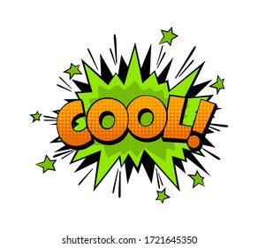 Cartoon comic word Cool. Expression communication talk vector speech bubble with explosion effect shape