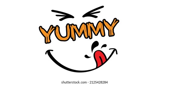 Cartoon, comic yummy, delicious or tasty. smile and tongue or lick. Happy world smile day, big smiling. Fun comic thoughts emotion symbol. Vector laugh sign. licking lips icon or pictogram. hungry