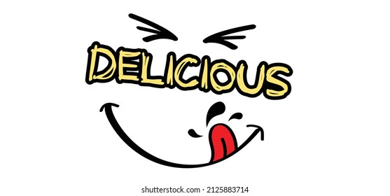 Cartoon, comic yummy, delicious or tasty. smile and tongue or lick. Happy world smile day, big smiling. Fun comic thoughts emotion symbol. Vector laugh sign. licking lips icon or pictogram. hungry