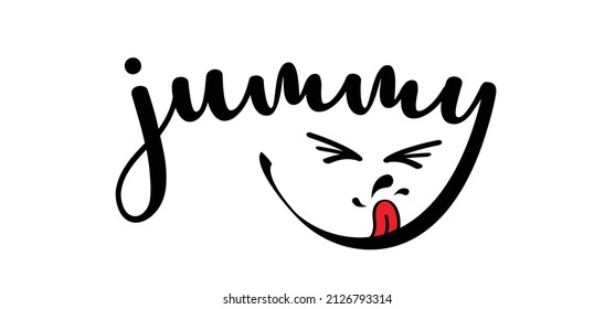 Cartoon, comic yummy, delicious or tasty. smile and tongue or lick. Happy world smile day, big smiling. Fun comic thoughts emotion symbol. Vector laugh sign. licking lips icon or pictogram. hungry