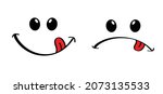 Cartoon, comic yummy smile or no yummy with tongue lick. Not happy smiling. Foot not good, ba, dirty. Comic vector delicious, tasty eating. Hungry