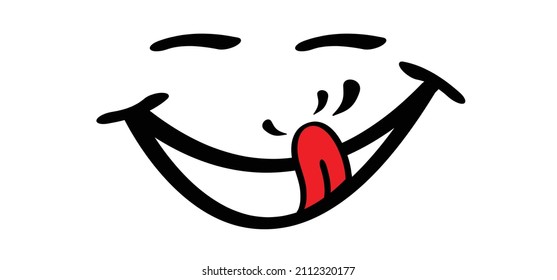 Cartoon, comic yummy smile and tongue or lick. Happy world smile day, big smiling. Fun comic thoughts emotion symbol. Vector laugh sign. llcking lips icon or pictogram