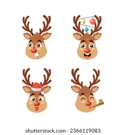 Cartoon Comical Christmas Deer Character Face, Adorned With Goofy Grins And Light Garland In Antlers Vector Illustration