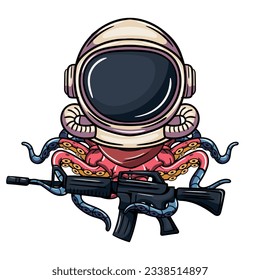 Caricatura del personaje de historietas octopus cyborg explorer con traje astronauta con ametralladora. Ilustración para fantasía, ciencia ficción y cómics de aventura