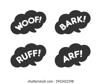 Cartoon comics dog bark sound effect and lettering set. White text in a dark black speech bubble balloon clip art. Simple flat vector illustration silhouette on white background.