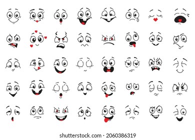 Cartoon comics faces set, Smiling, crying and surprised character face icons