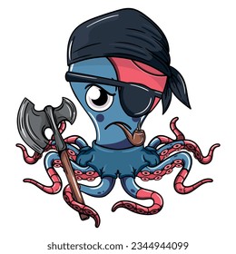 Cartoon comics gangster octopus character with pirate patch smoking a pipe with an axe in his tentacle. Illustration for fantasy, science fiction and adventure comics