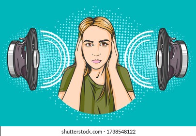 Cartoon comics illustration of loud music with two big speaker adn beautiful woman closed her ears