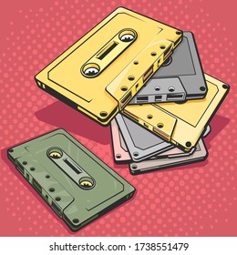 Cartoon comics illustration of many audio retro cassettes