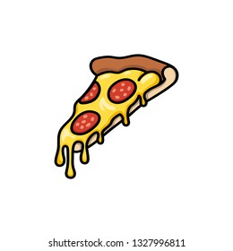 Cartoon or comics Pizza slice with melted cheese and salami or pepperoni illustration with outline or contour. Fast food. Isolated vector