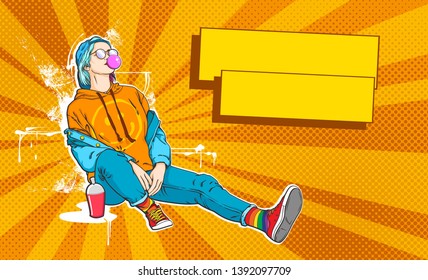 Cartoon Comics Pop Art Style, Hand Drawn Sketch Illustration Of Hipster Fashion Girl With Sunglasses, Cap And Bubblegum, Vector Illustration With Many Dots And Light On The Background, Grafitti Can