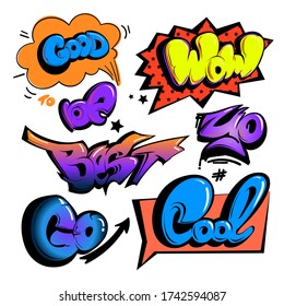 Cartoon comics sign. Graffiti text, speech clouds with words Cool, good to be beat, go. Teenagers style.