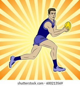Cartoon comics style vector isolated illustration of australian rules football player. Aussie sport. Running man holding a ball. Activity, game, athlete, sportsman.