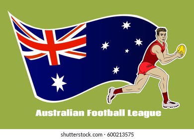 Cartoon Comics Style Vector Isolated Illustration Of Australian Rules Football Player. Aussie Sport. Running Man Holding A Ball. Activity, Game, Athlete, Sportsman.