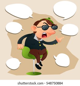 cartoon commentator sitting and commenting with speech bubble