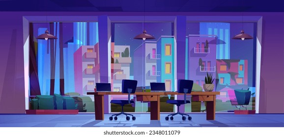 Cartoon company office interior at night. Vector illustration of dark room with large windows, laptops and folders on workspace desks, chairs, ceiling lamps. Cityscape buildings and starry sky view