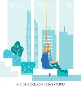 Cartoon Company Office Worker Characters Having Rest and Relaxing in Comfortable Hammock Seat. Faceless Freelancer Drinking Hot Beverage. Coffee Break, Lunch Time. Vector Flat Illustration
