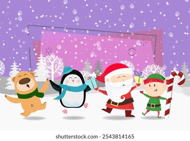 Cartaz da empresa de desenhos animados design de inverno. Ilustração com Papai Noel dançante, pinguim, elfo e cerveja bonitinha no fundo com floresta de inverno. Pode ser usado para cartões postais, convites, cartões comemorativos