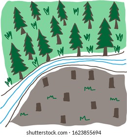 Cartoon : A comparison between a forest filled with trees and a forest that remains only tree stump, Cut trees in the forest, separated by river, Deforestation and Illegal Logging, vector illustration