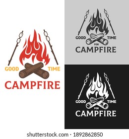 Cartoon composition with campfire in flat minimalistic style isolated on white background. Concept vintage design for branding print, logo, badge, . Vector hand drawn illustration.