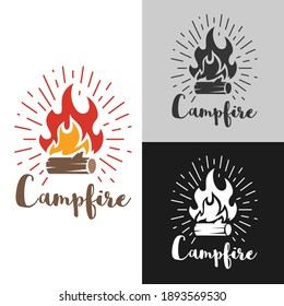 Cartoon composition with campfire in flat minimalistic style isolated on white background. Concept vintage design for branding print, logo, badge, . Vector hand drawn illustration.