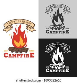 Cartoon composition with campfire in flat minimalistic style isolated on white background. Concept vintage design for branding print, logo, badge, . Vector hand drawn illustration.