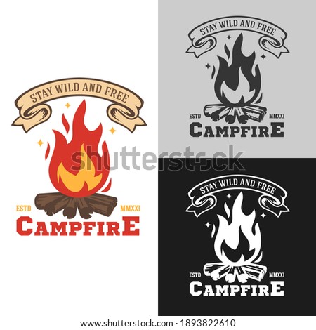 Cartoon composition with campfire in flat minimalistic style isolated on white background. Concept vintage design for branding print, logo, badge, . Vector hand drawn illustration.
