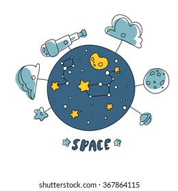 Cartoon composition of different space objects, isolated circle background