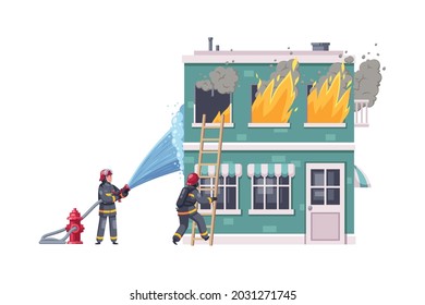 Cartoon composition with firefighters putting out fire in two storeyed building vector illustration