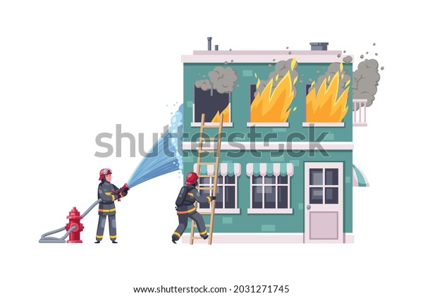 Cartoon composition with\
firefighters putting out fire in two storeyed building vector\
illustration