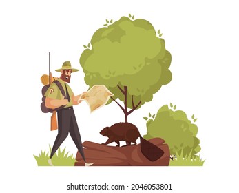 Cartoon composition with hunter and beaver on log vector illustration