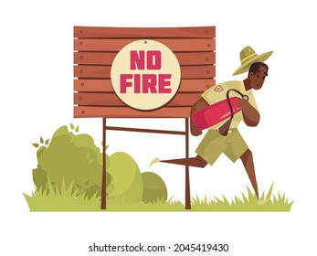 Cartoon composition with male forest ranger running to extinguish fire vector illustration