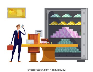 Cartoon composition with office safe box filled with tons of money and successful financial worker character vector illustration