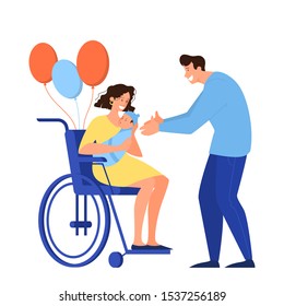 Cartoon composition with parents with newborn bay. Woman hold a baby, sitting in wheelchair, man became a dad.