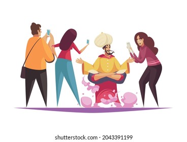 Cartoon composition with people taking photo of jinn vector illustration