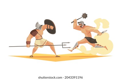 Composición de dibujos animados de dos gladiadores armados romanos ilustradores vectores